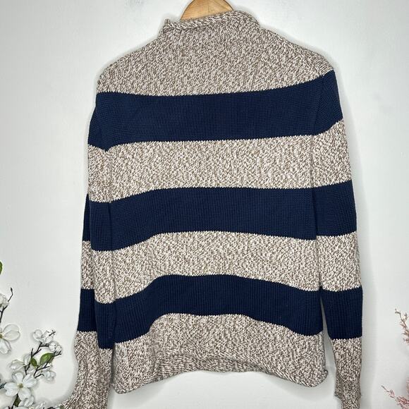 J. CREW Marled Cotton Rollneck Sweater Rugby Stripe Navy Cream Sz L $138 {H13} - Picture 3 of 6